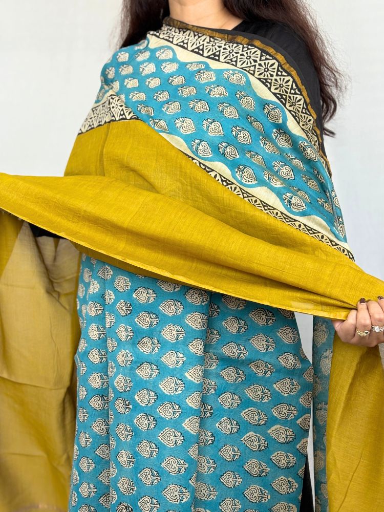 Royal Dusk – Blue & Mustard Yellow Chanderi Silk Cotton Suit Set with Bagru Hand Block Print